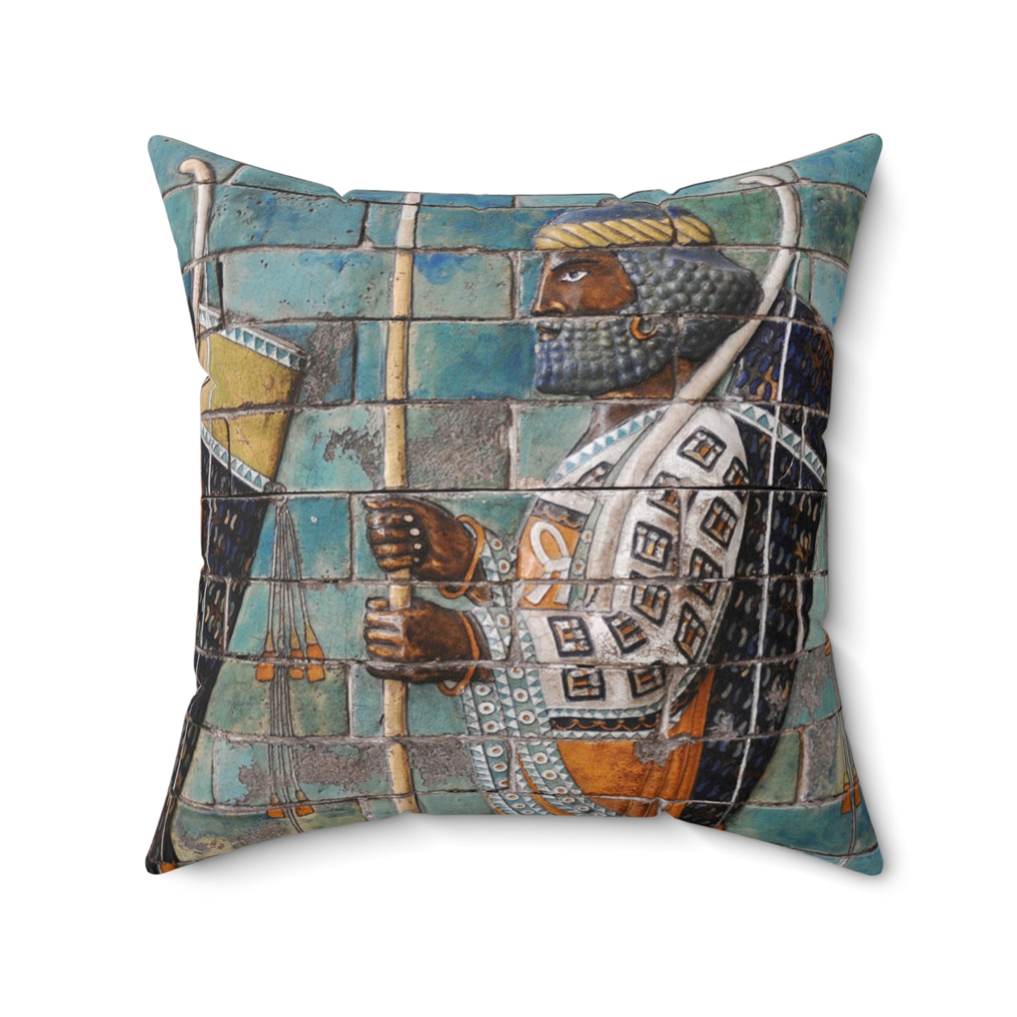 Decorative pillow with artistic depiction of a warrior holding a spear on a white background