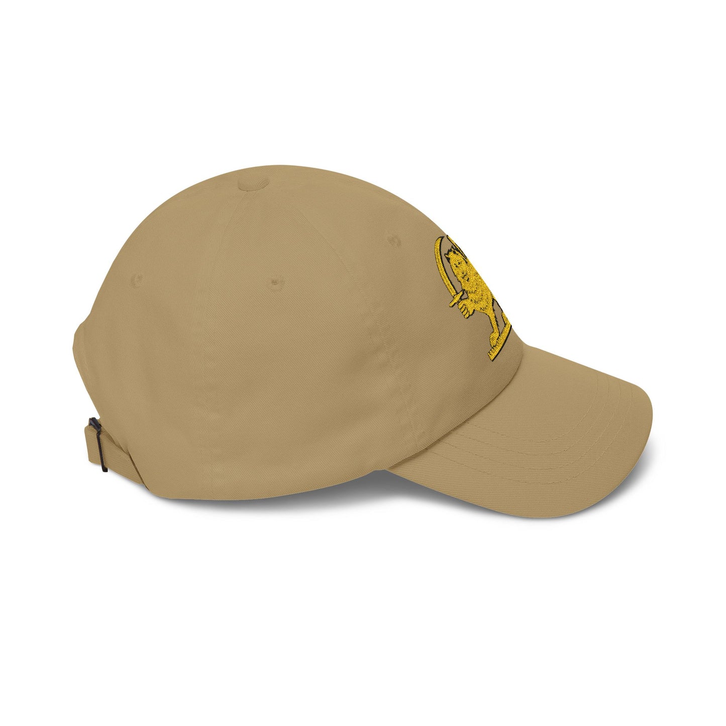 Beige baseball cap with a brand logo on a white background