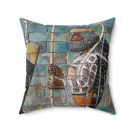 Decorative pillow with artistic depiction of a warrior holding a spear on a white background