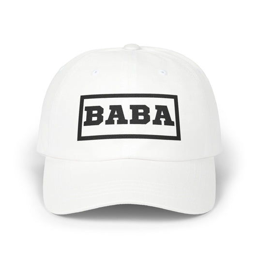 White cap with 'BABA' text on a white background