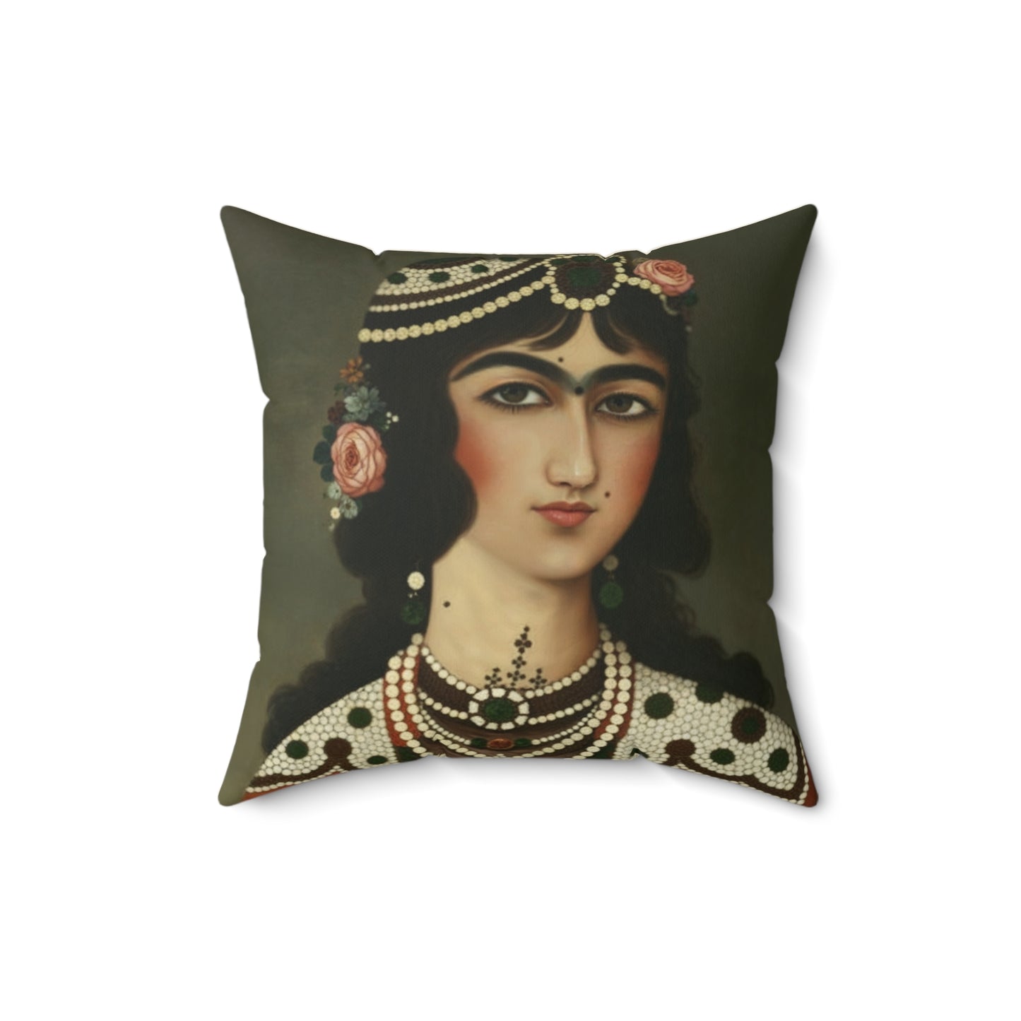 Decorative pillow with a portrait of a Qajar 
woman wearing jewelry on a white background