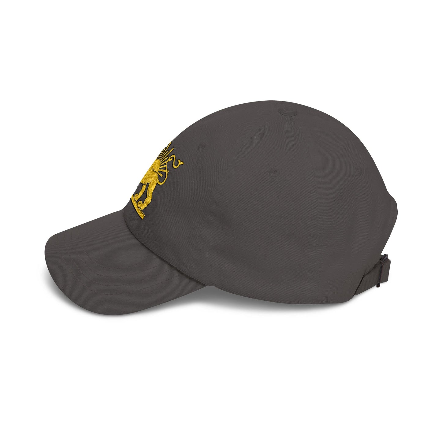 Black cap with a small embroidered logo on a white background