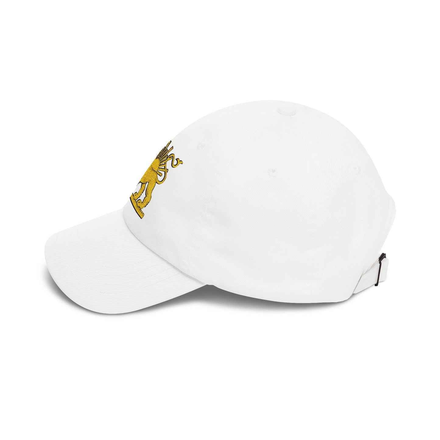 White cap with a gold emblem on a white background