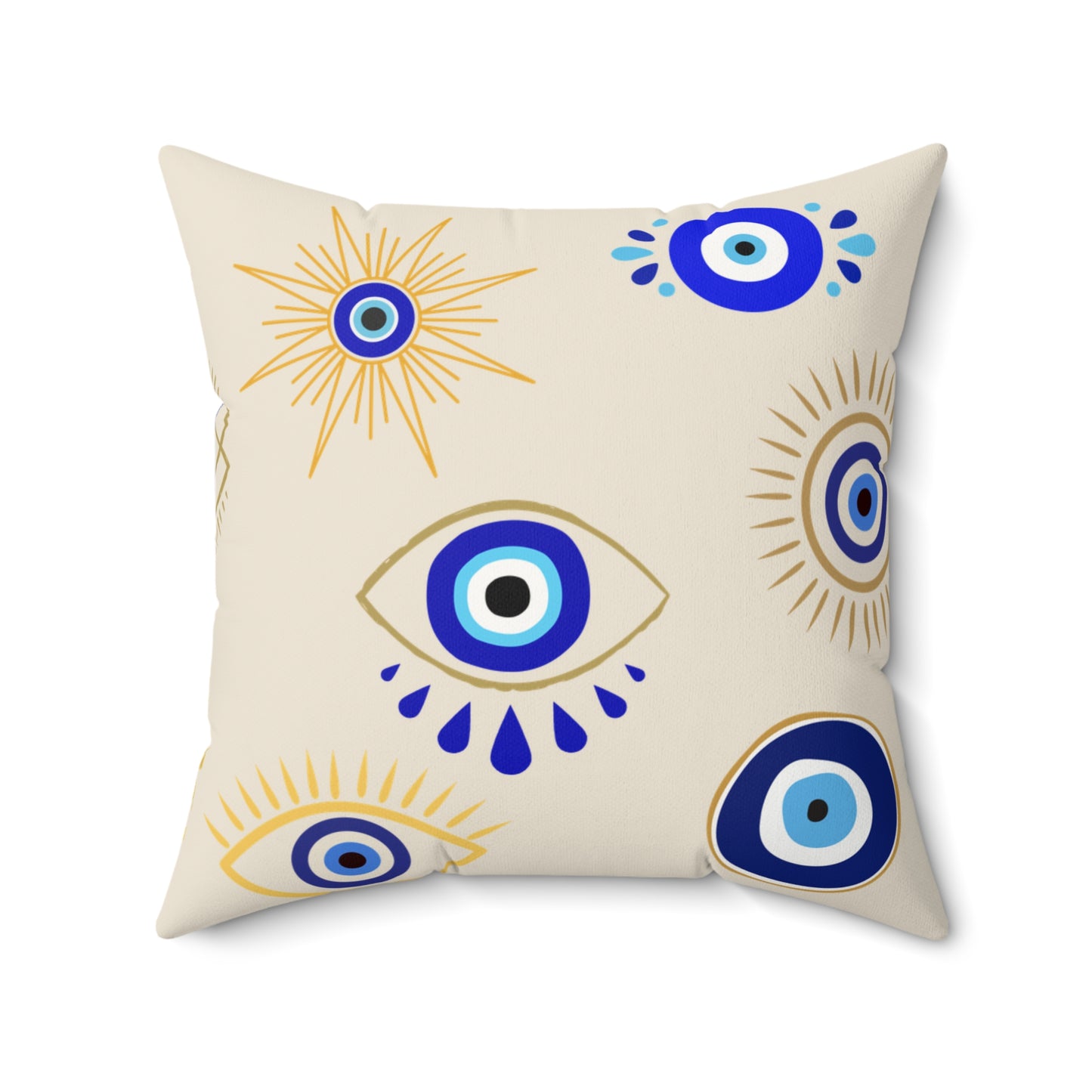 Decorative pillow with evil eye pattern on a beige background