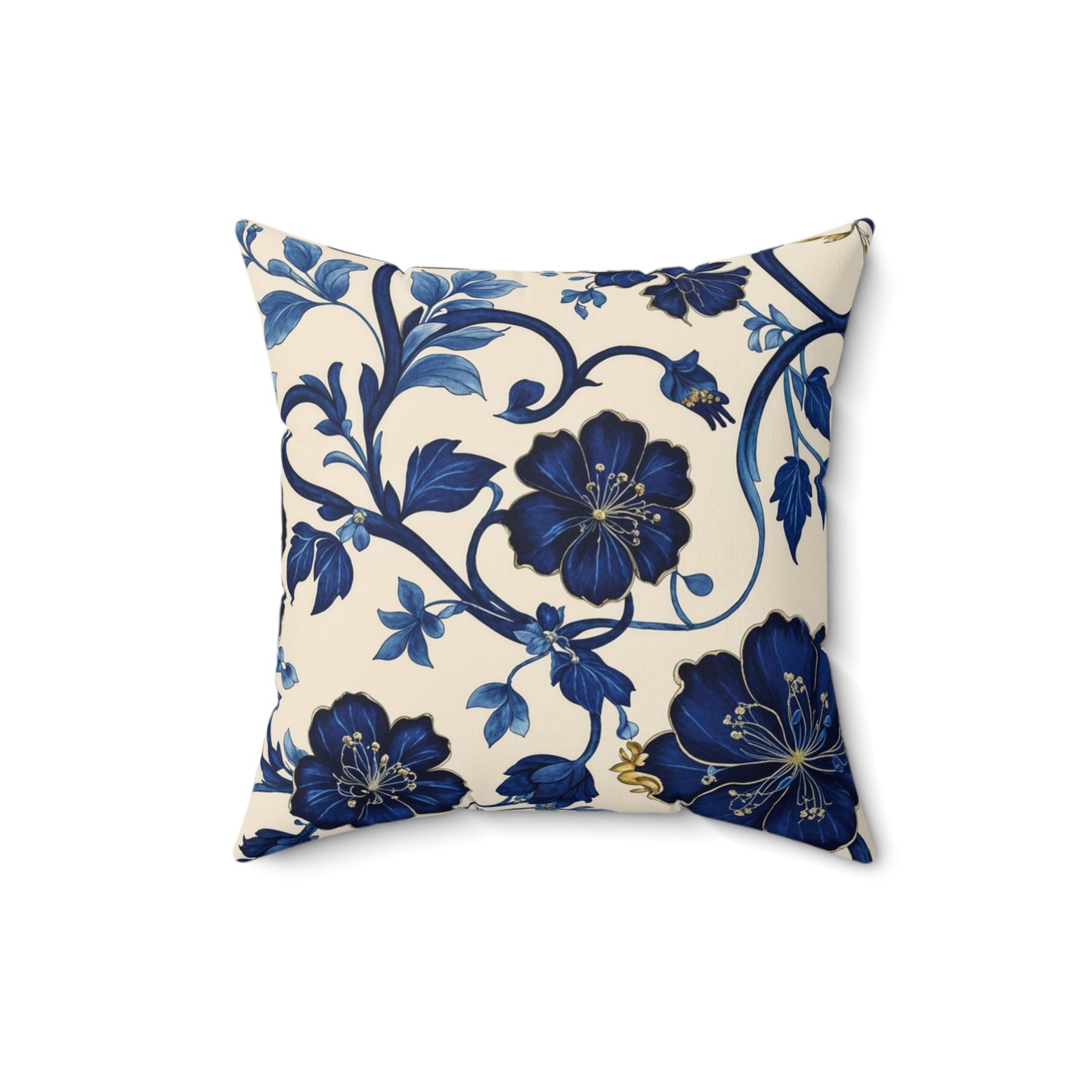 Decorative pillow with blue floral pattern on a white background