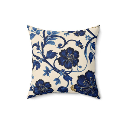 Decorative pillow with blue floral pattern on a white background
