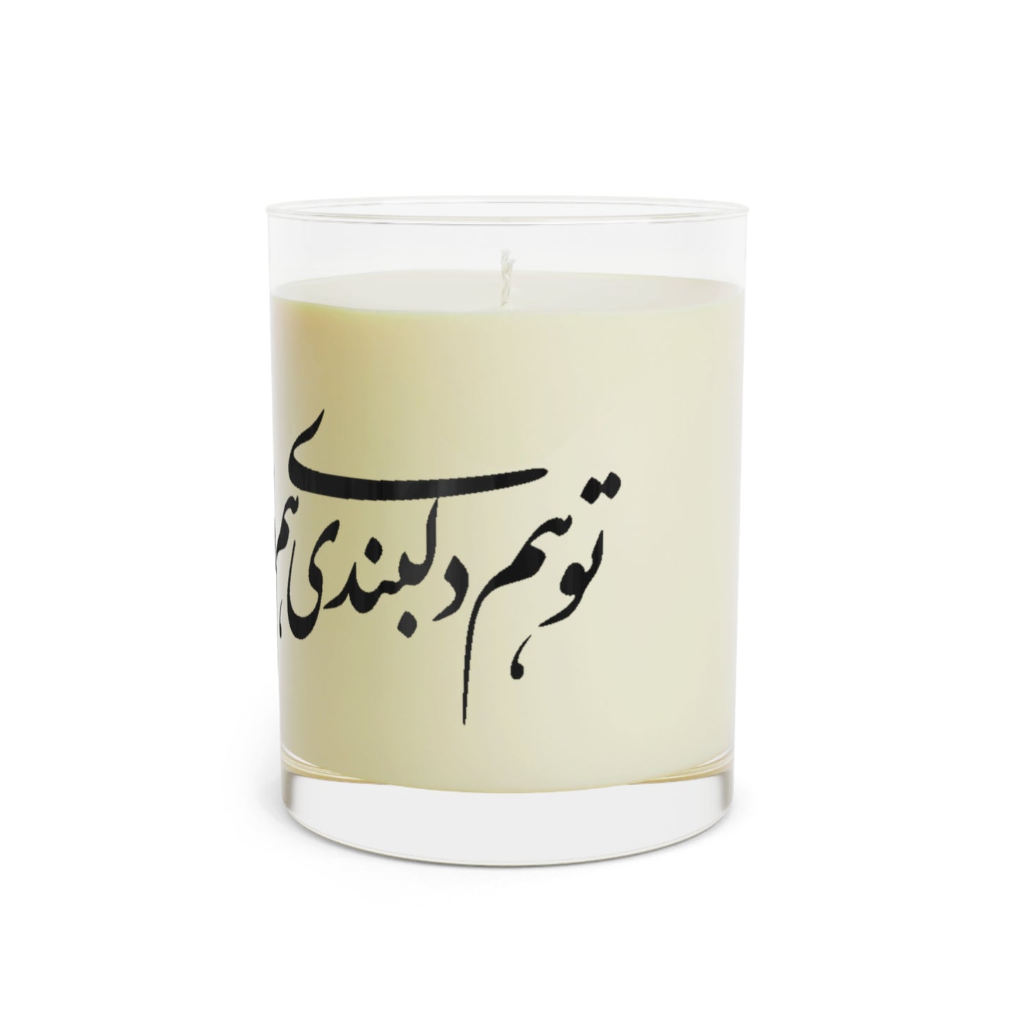 Candle with Farsi text on a beige label against a white background