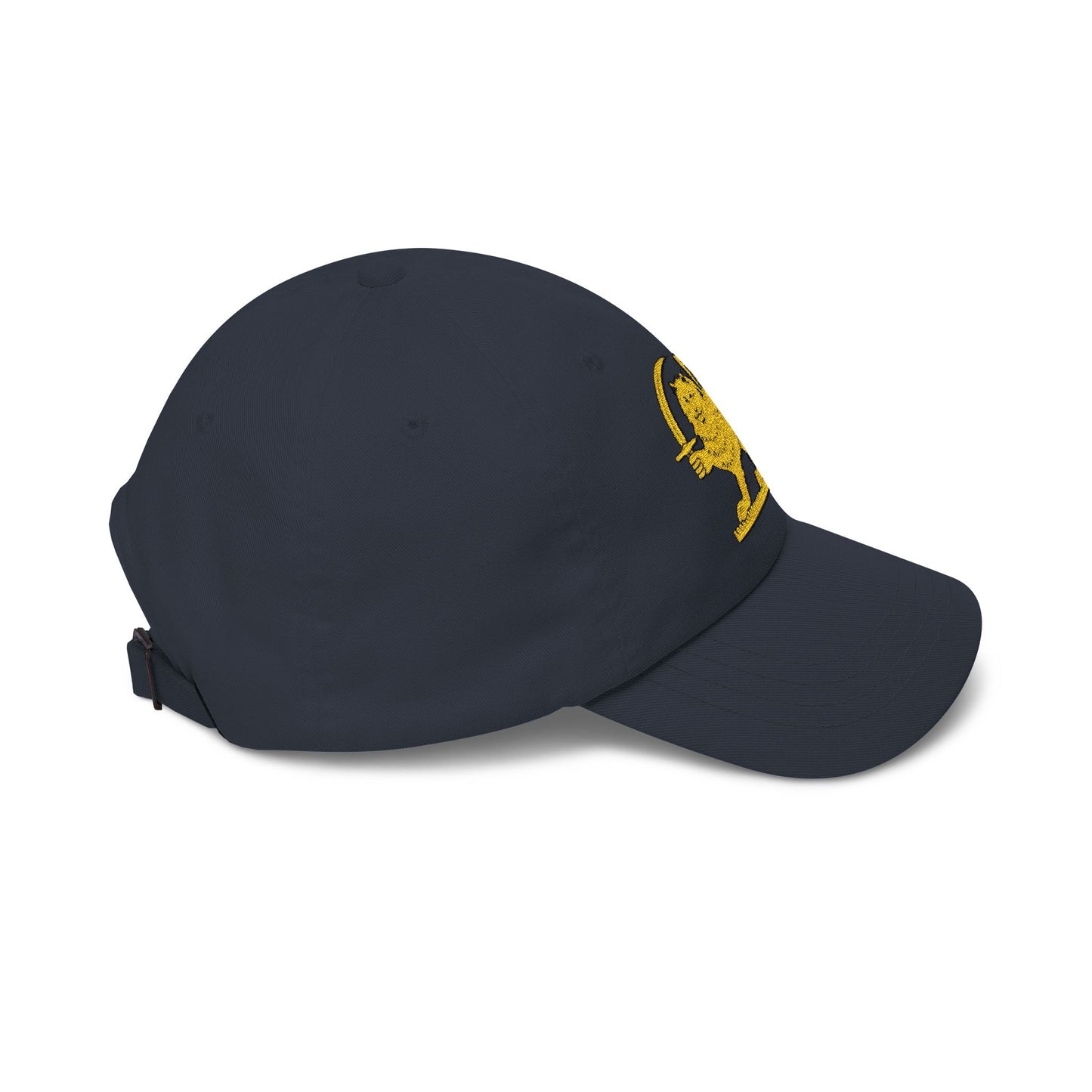 Black cap with a brand logo on a white background