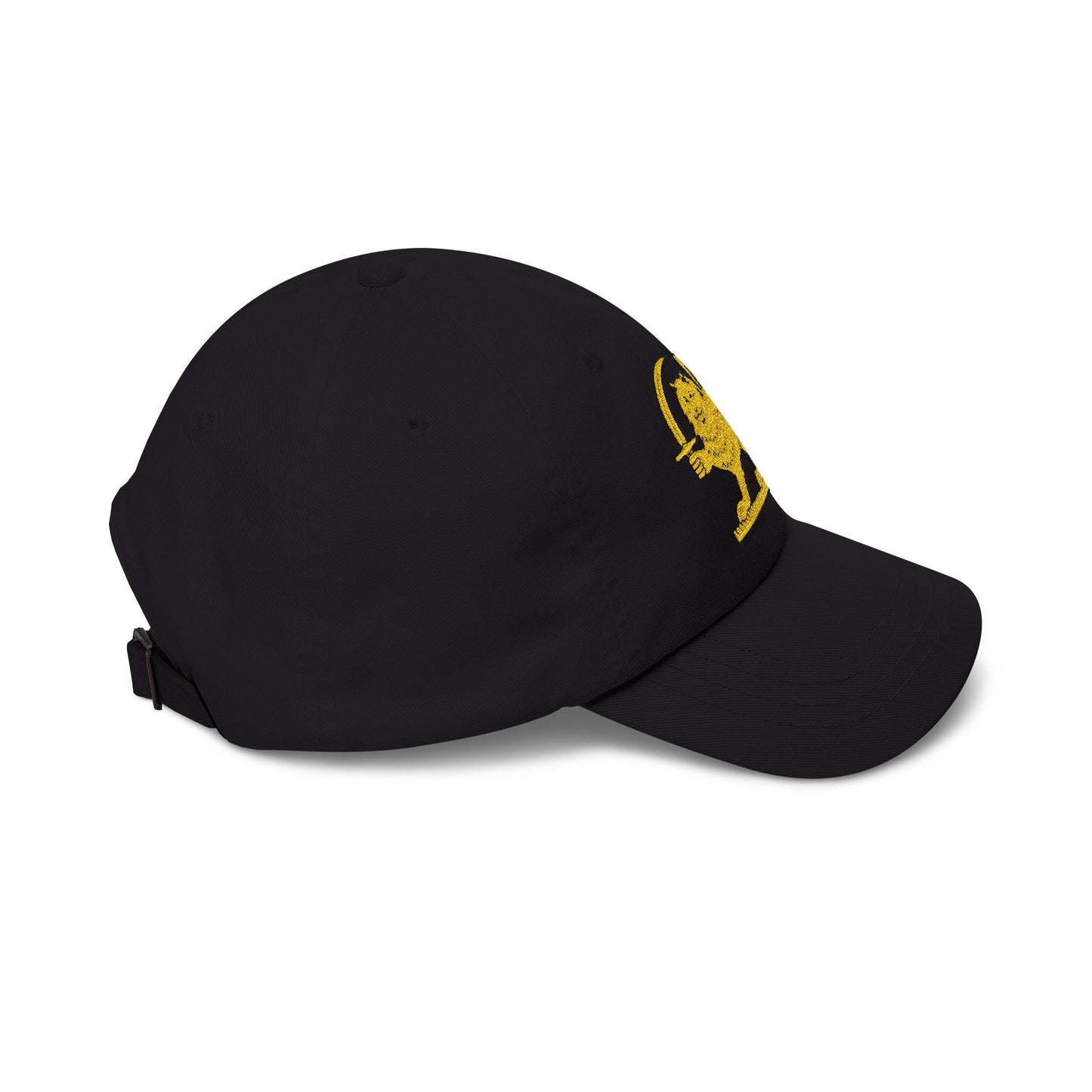 Black cap with a brand logo on a white background