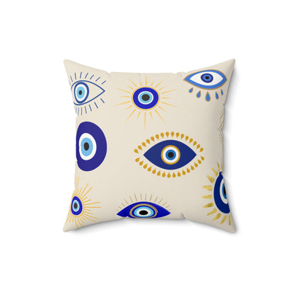Decorative pillow with evil eye pattern on a beige background