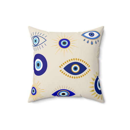 Decorative pillow with evil eye pattern on a beige background