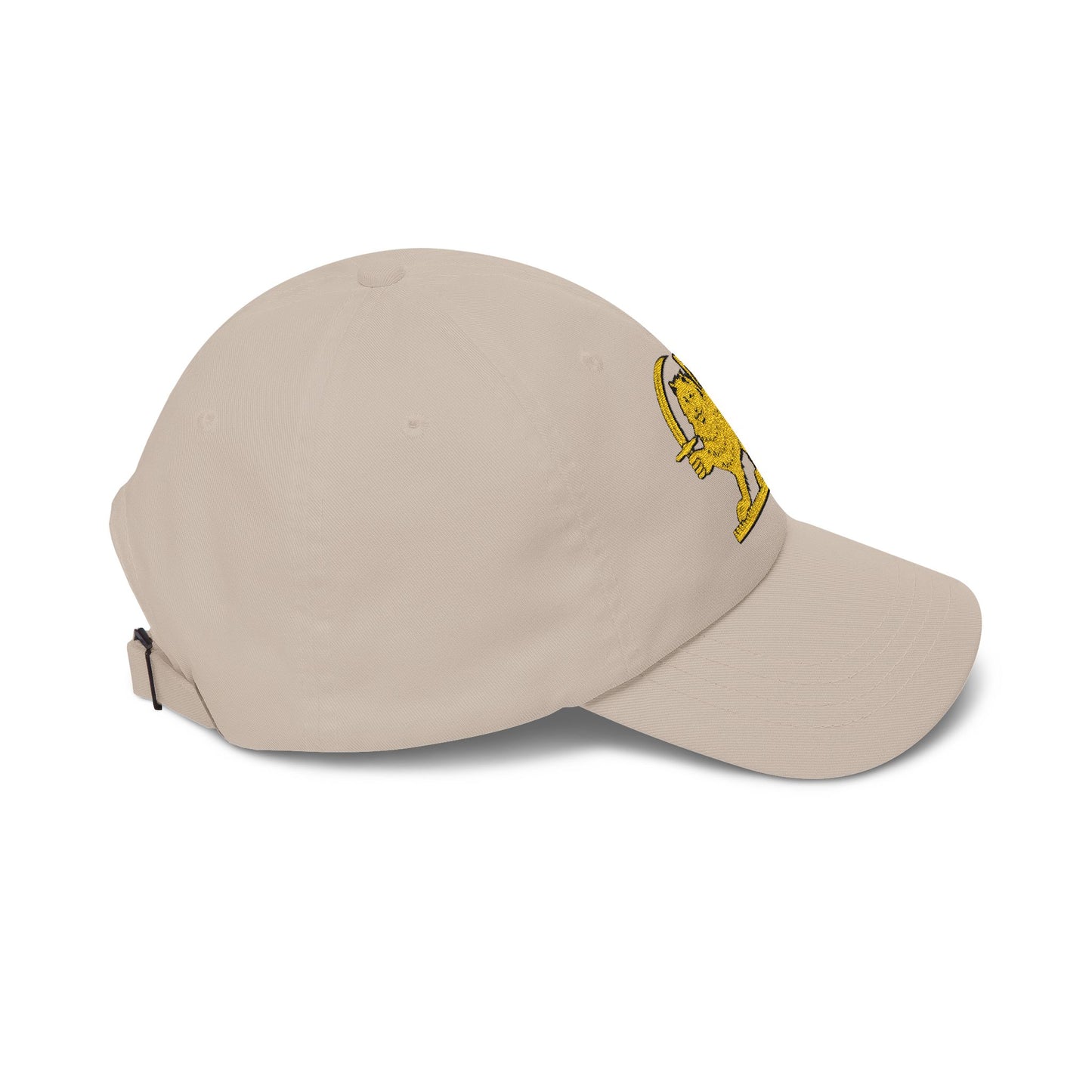 Beige cap with a colorful logo on the side against a white background