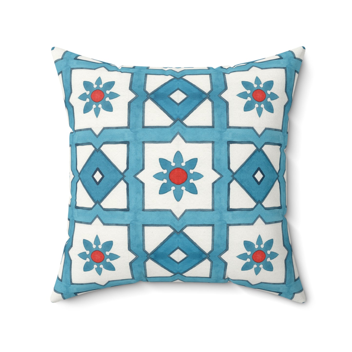 Decorative pillow with blue and white geometric pattern on a white background