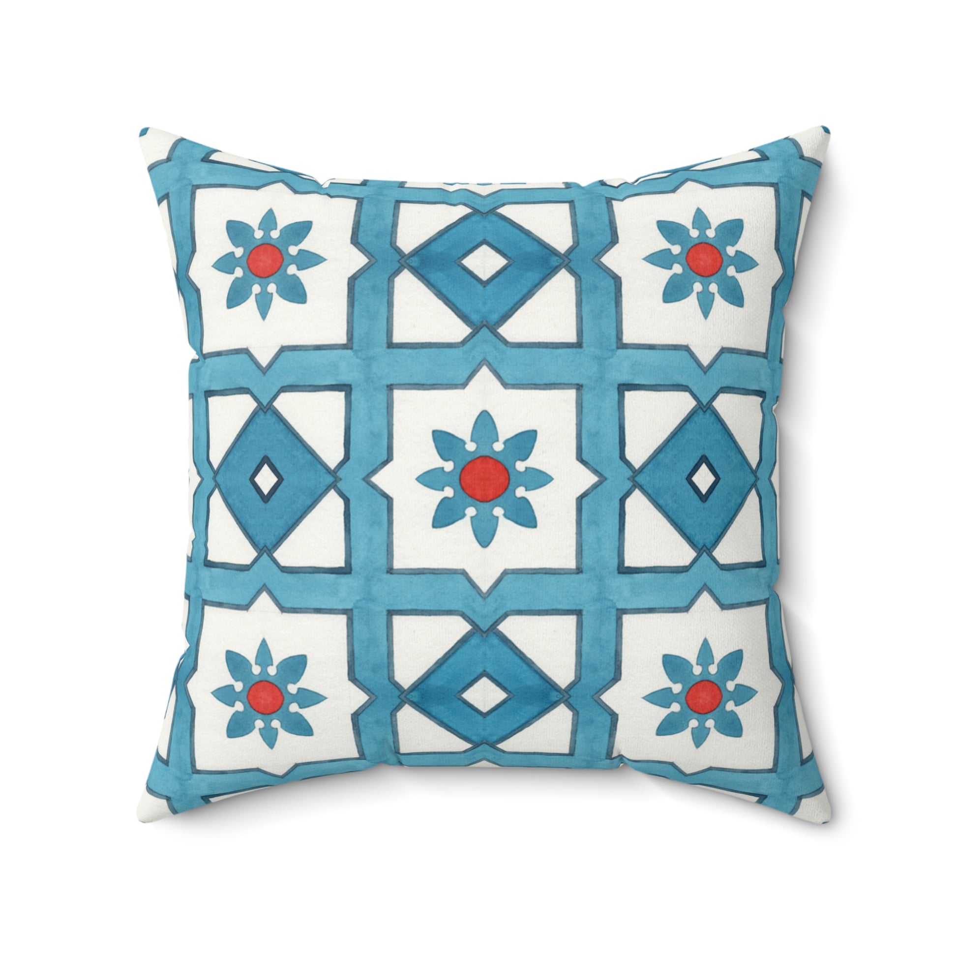Decorative pillow with blue and white geometric pattern on a white background