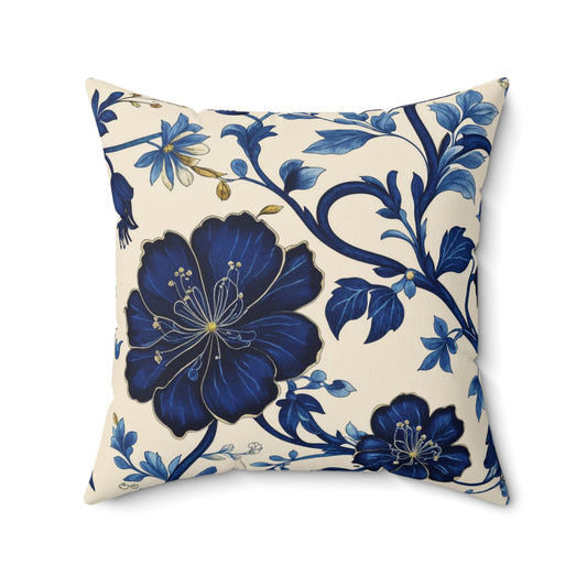 Decorative pillow with blue floral pattern on a white background