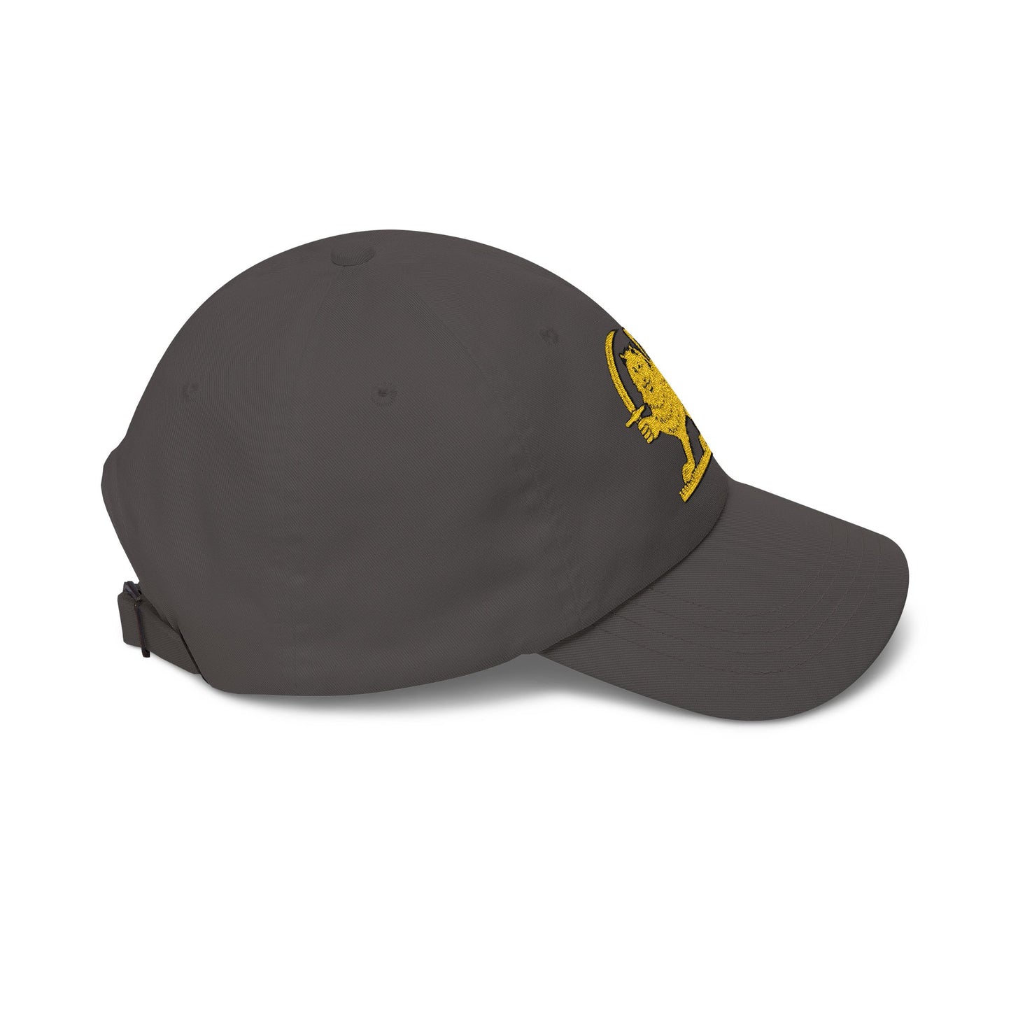 Black cap with a brand logo on a white background