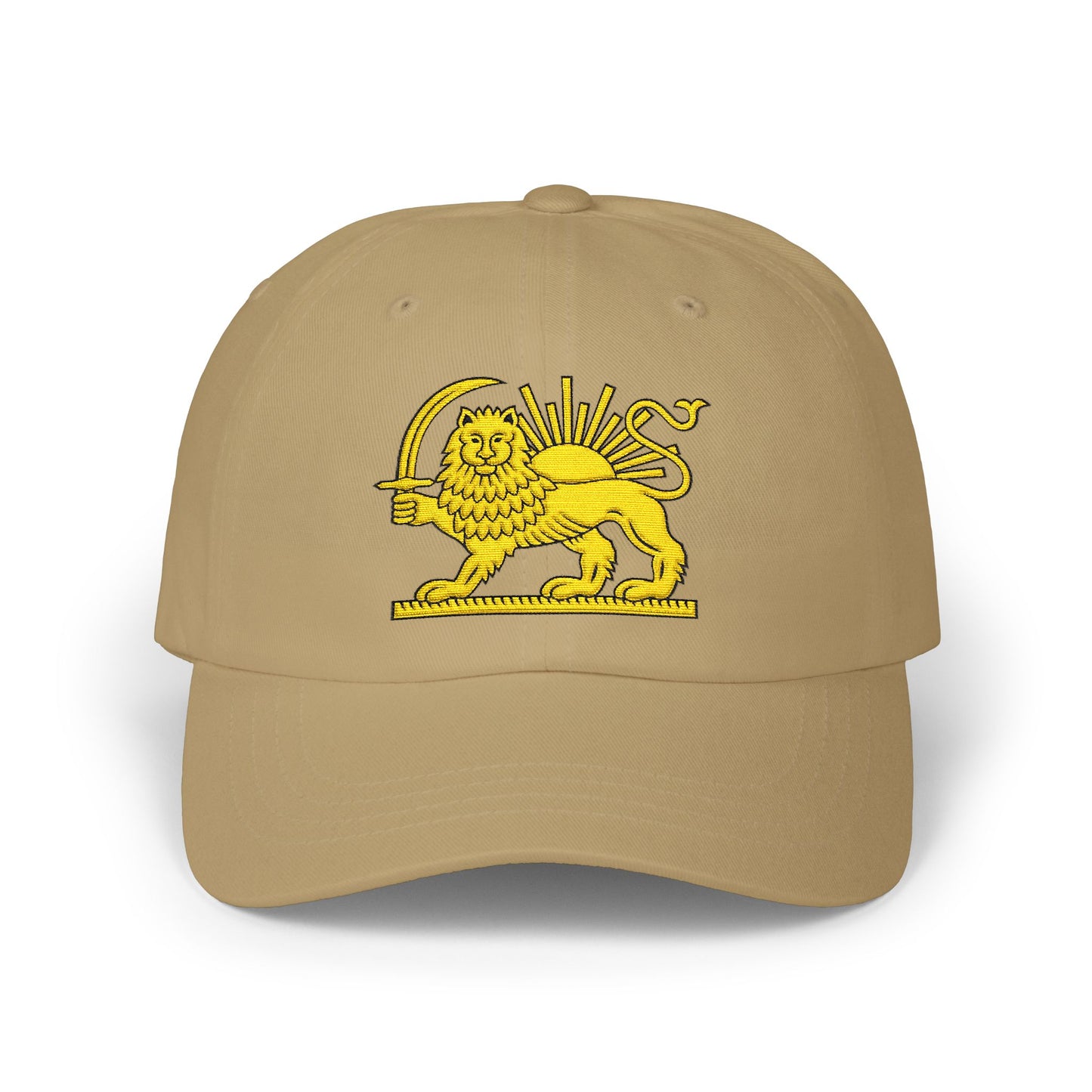 Beige cap with yellow lion emblem on a white background
