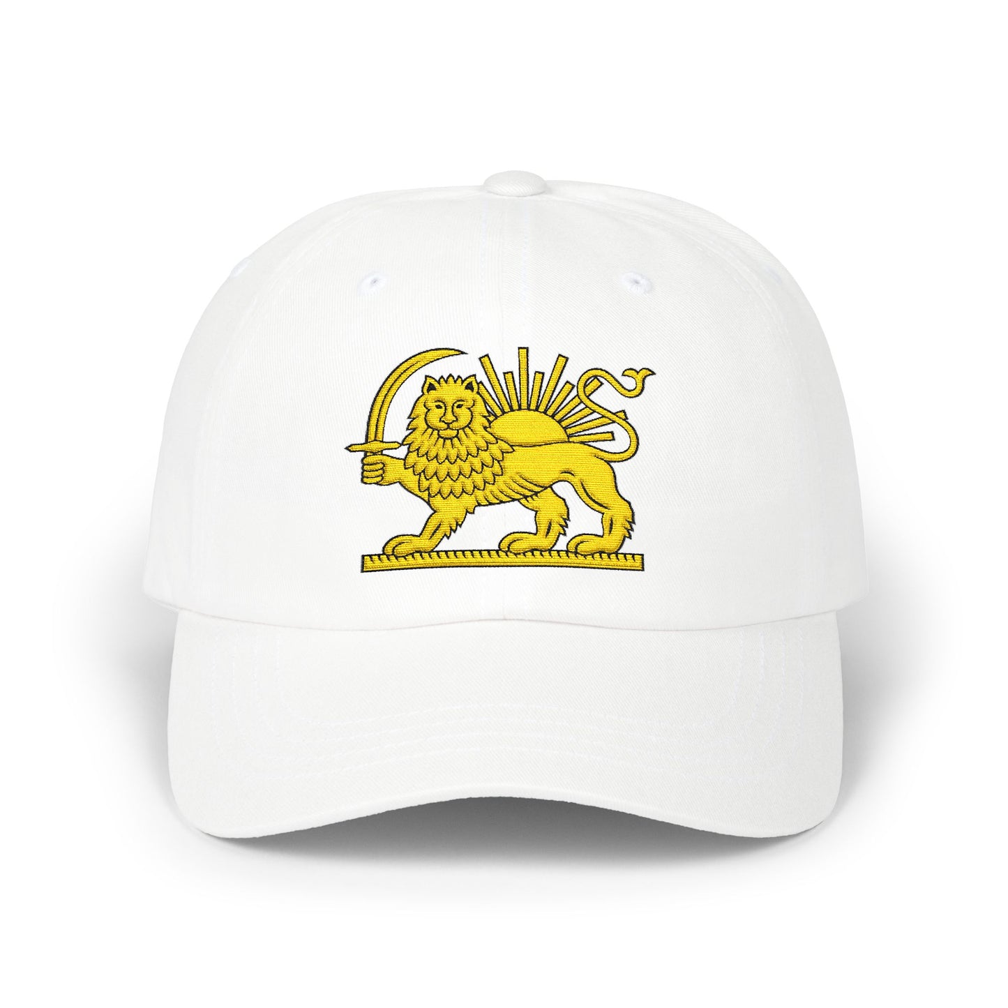 White cap with a yellow lion emblem on a white background