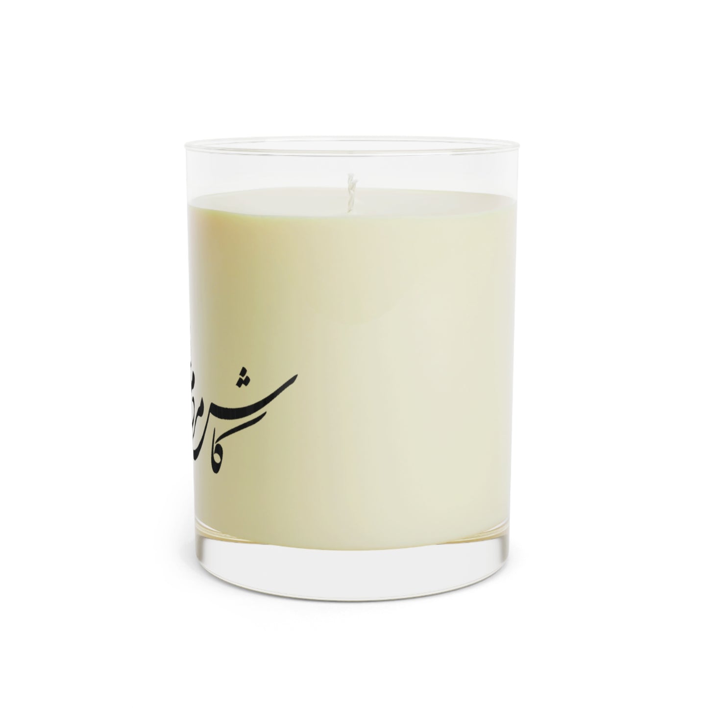 Candle with a beige label and black text on a white background