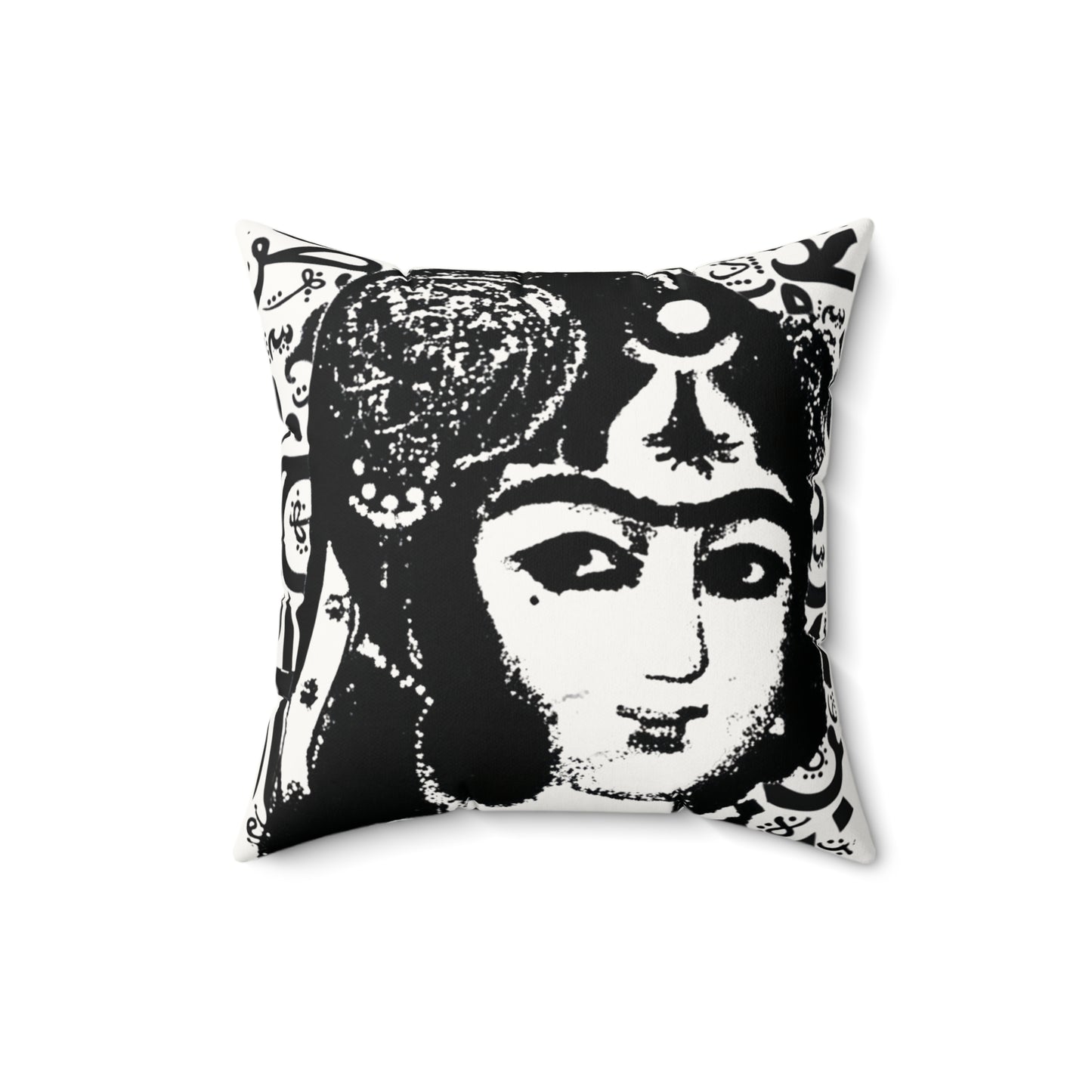 Decorative pillow with a black and white design of a Qajar woman on a white background