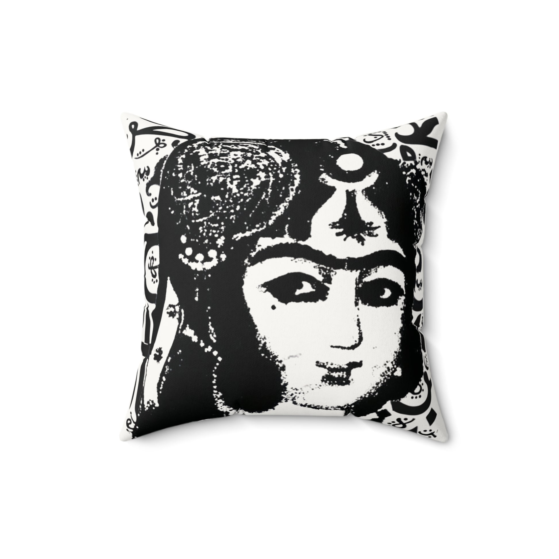 Decorative pillow with a black and white design of a Qajar woman on a white background