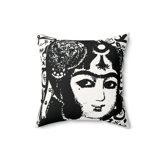 Decorative pillow with a black and white design of a Qajar woman on a white background