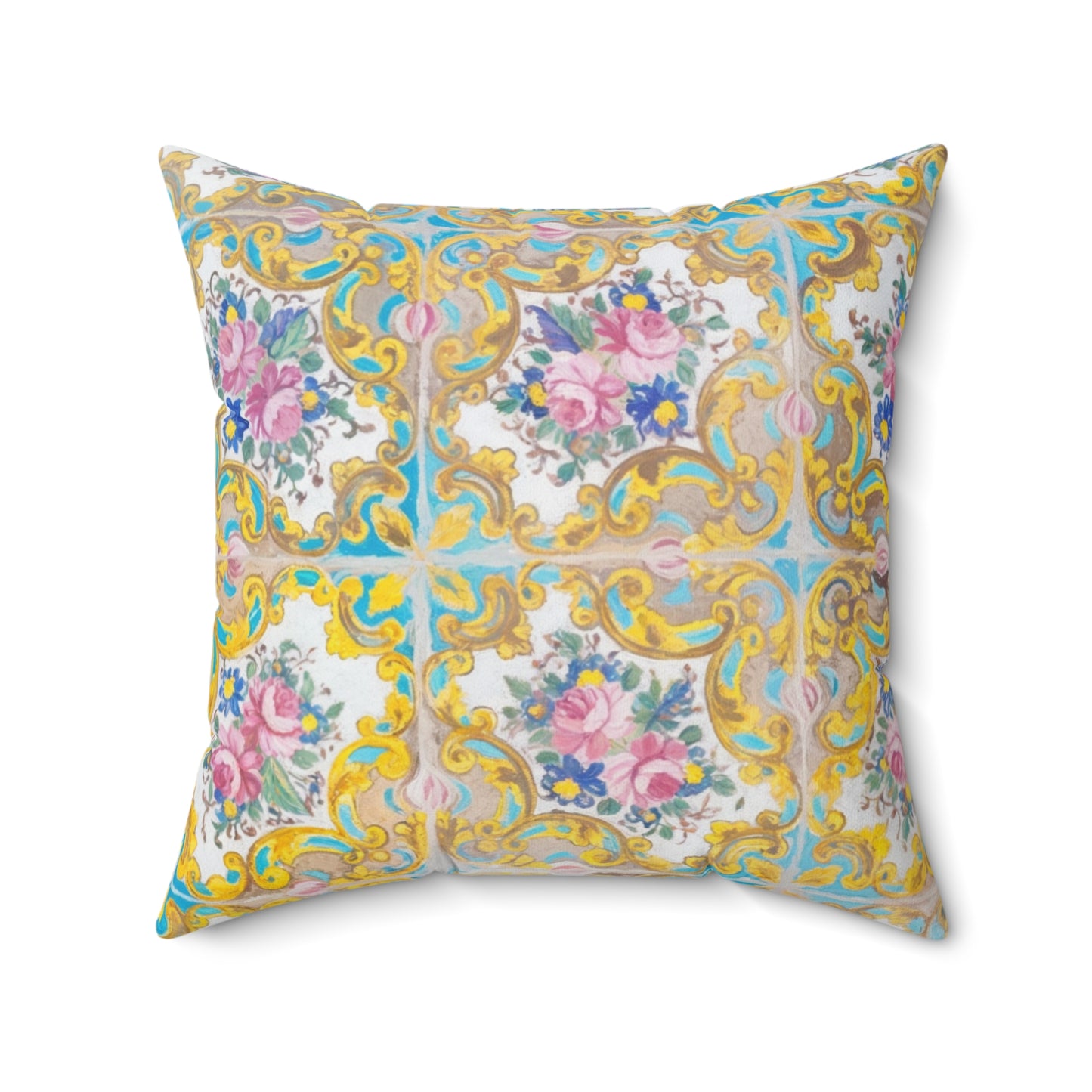 Decorative pillow with floral and baroque pattern on a white background