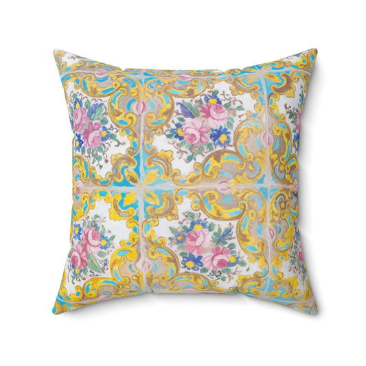 Decorative pillow with floral and baroque pattern on a white background