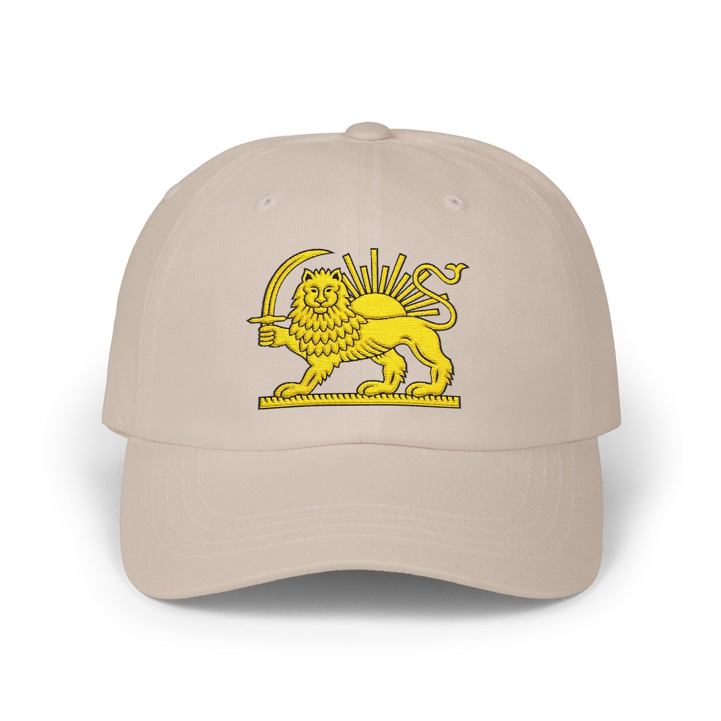 Beige cap with yellow lion emblem on a white background