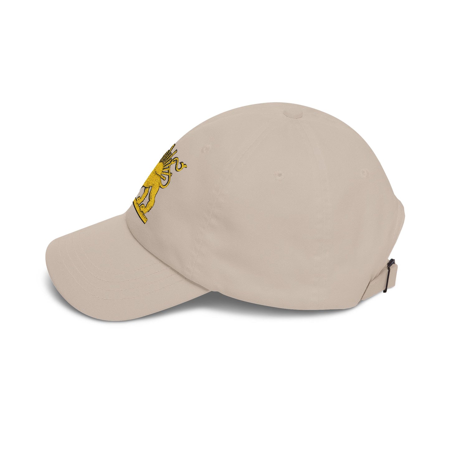 Beige cap with a yellow emblem on a white background