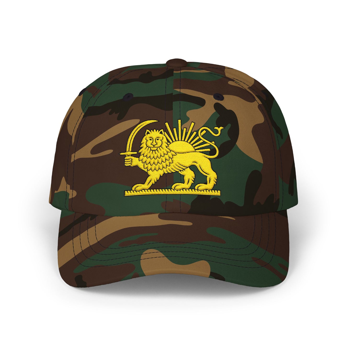Camouflage cap with a yellow lion emblem on a white background