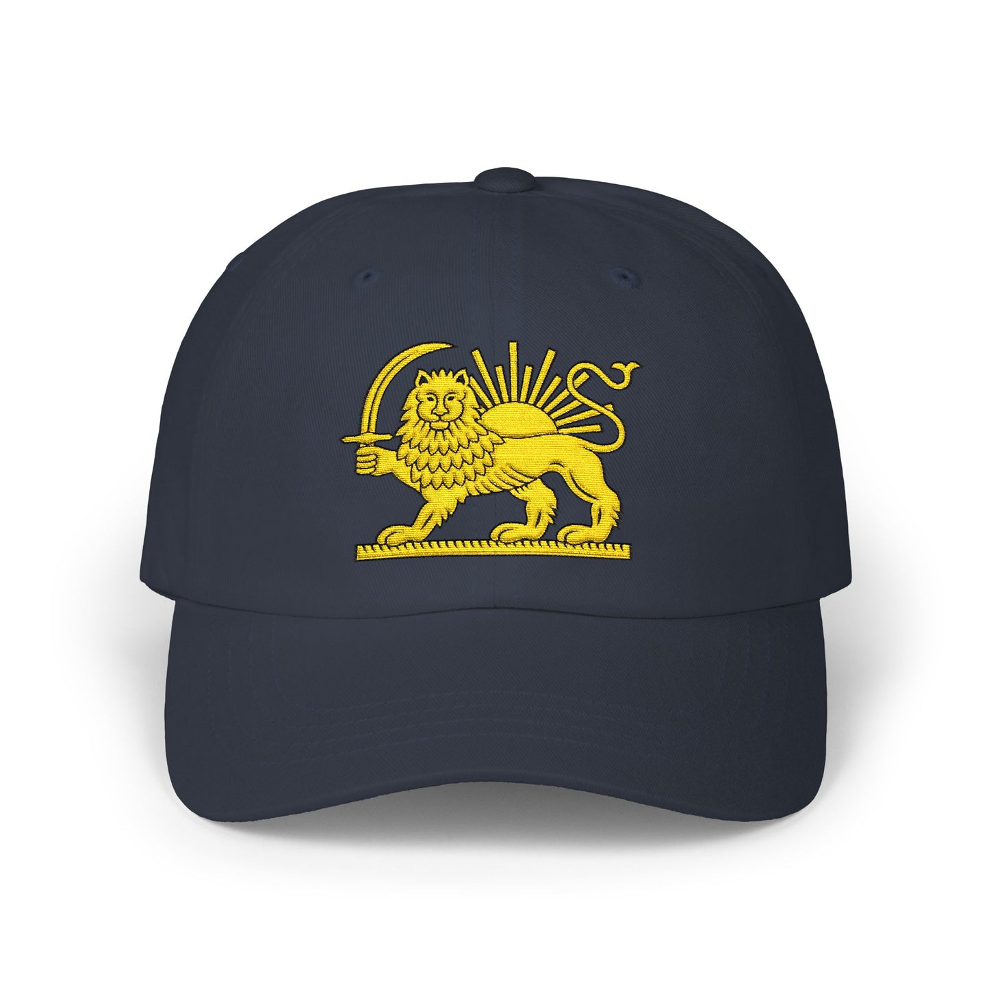 Navy blue cap with yellow lion and sun emblem on a white background