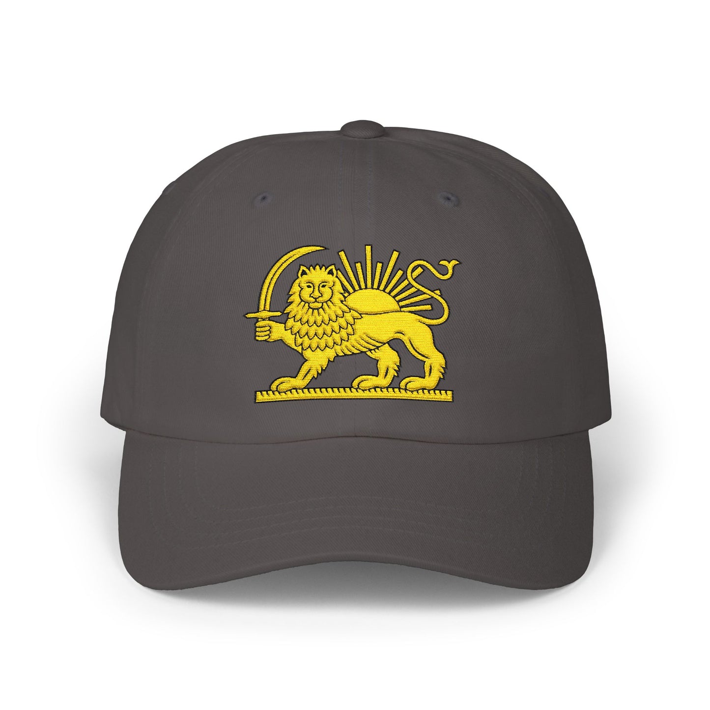 Black cap with yellow lion emblem on a white background