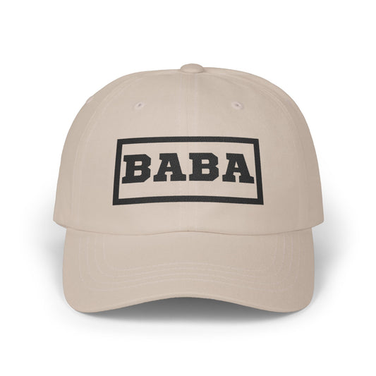 Beige cap with 'BABA' logo on a white background