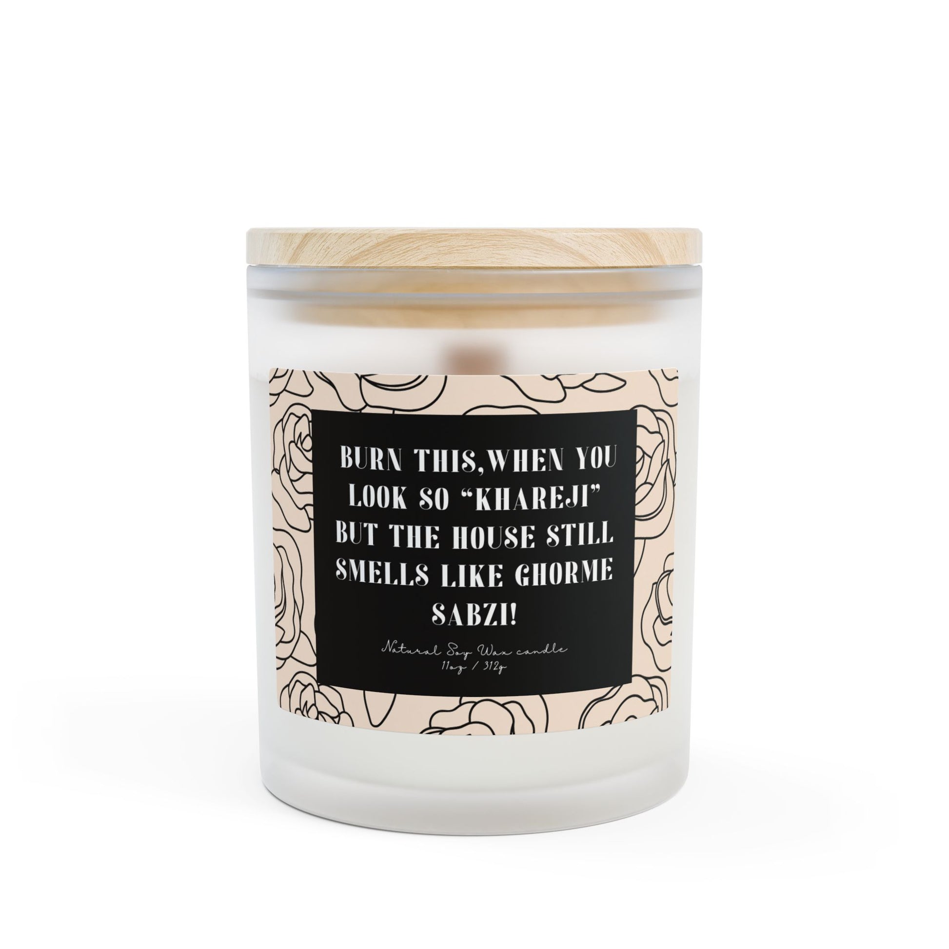 Candle with a humorous label on a white background