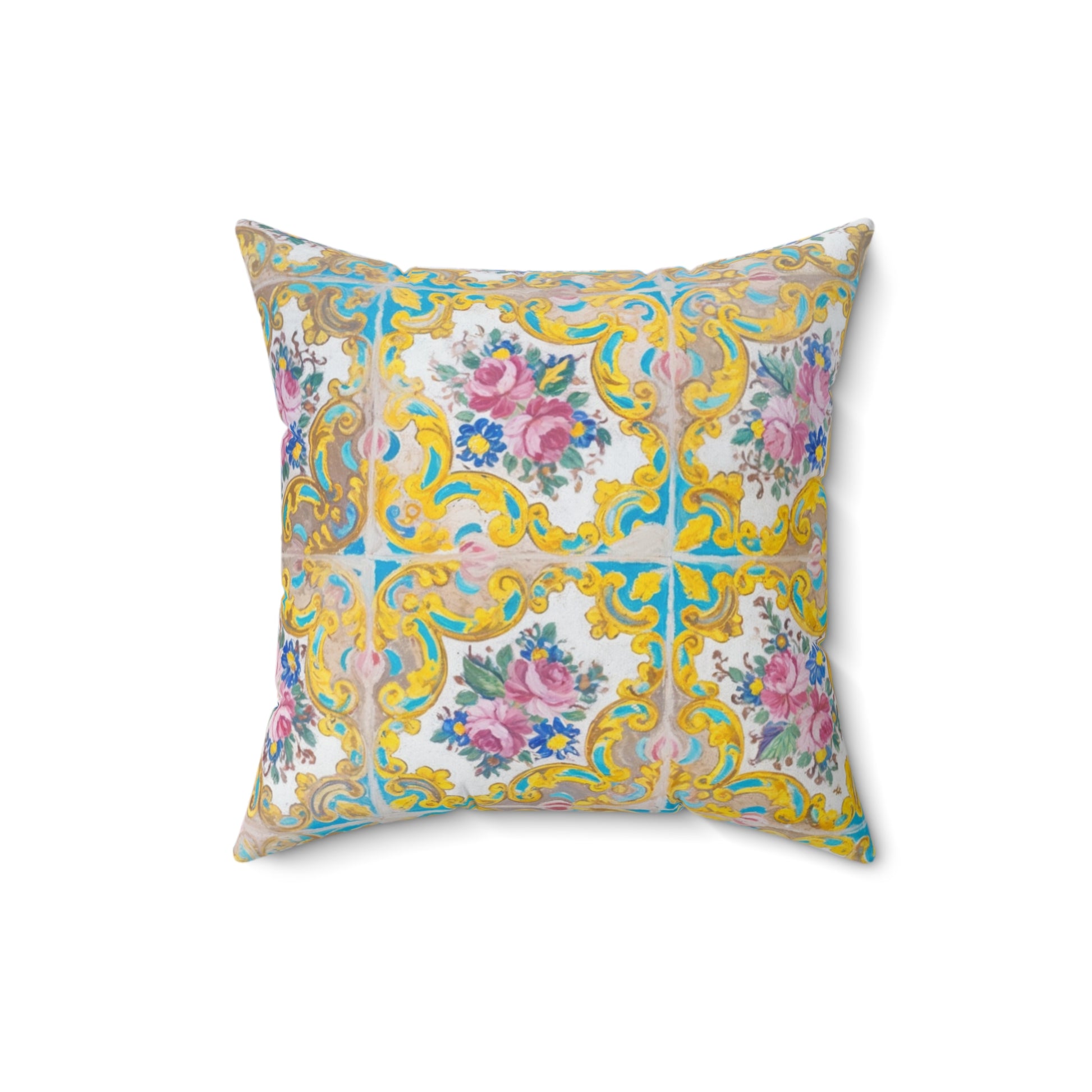 Decorative pillow with floral and tile pattern on a white background