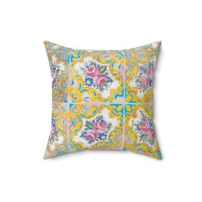 Decorative pillow with floral and tile pattern on a white background
