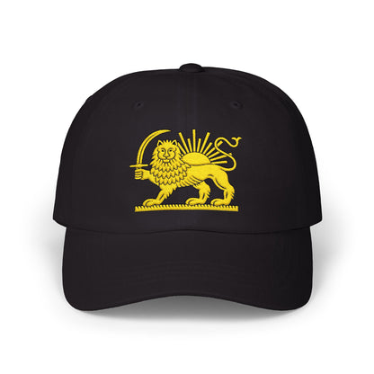 Black cap with yellow lion and sun emblem on a white background