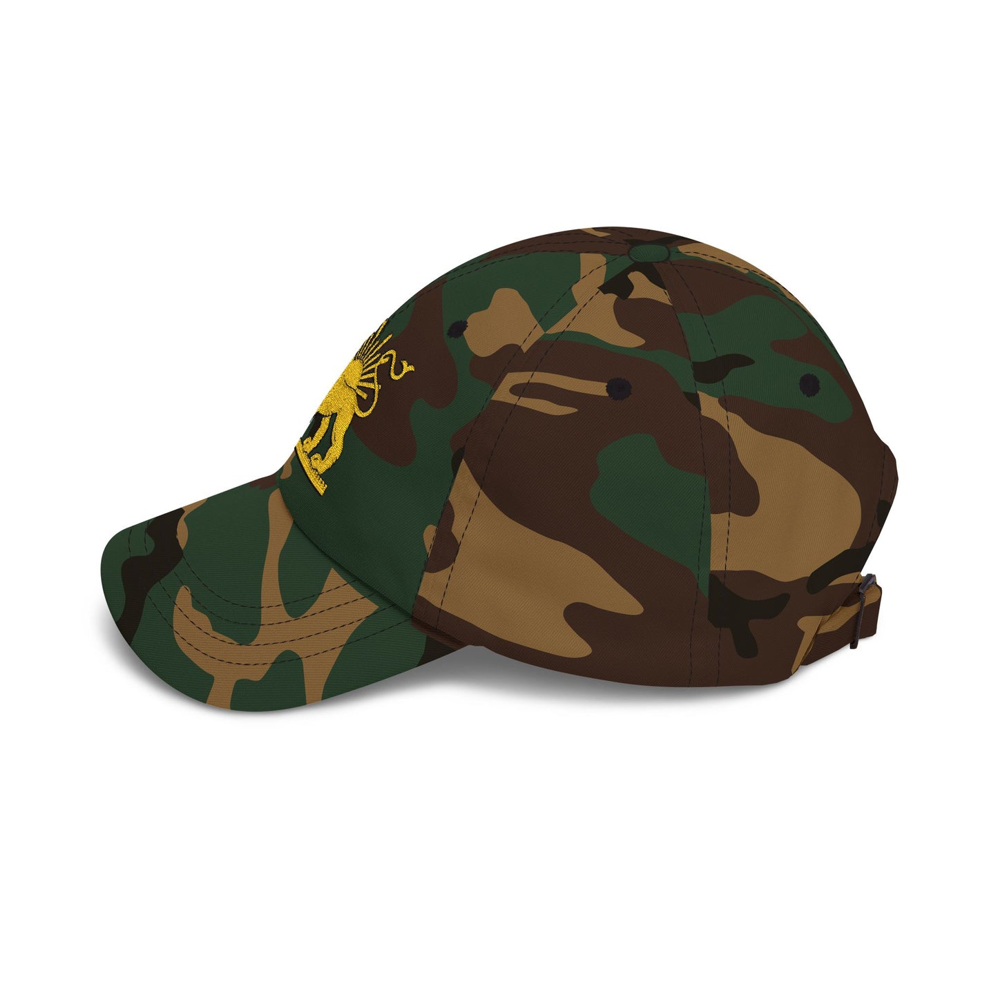 Camouflage baseball cap with a patch on a white background