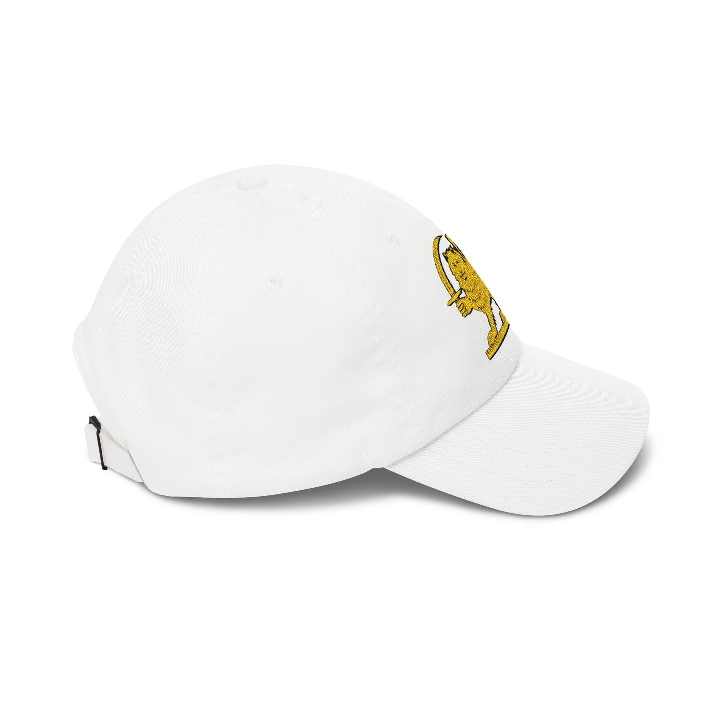 White cap with a yellow logo on a white background
