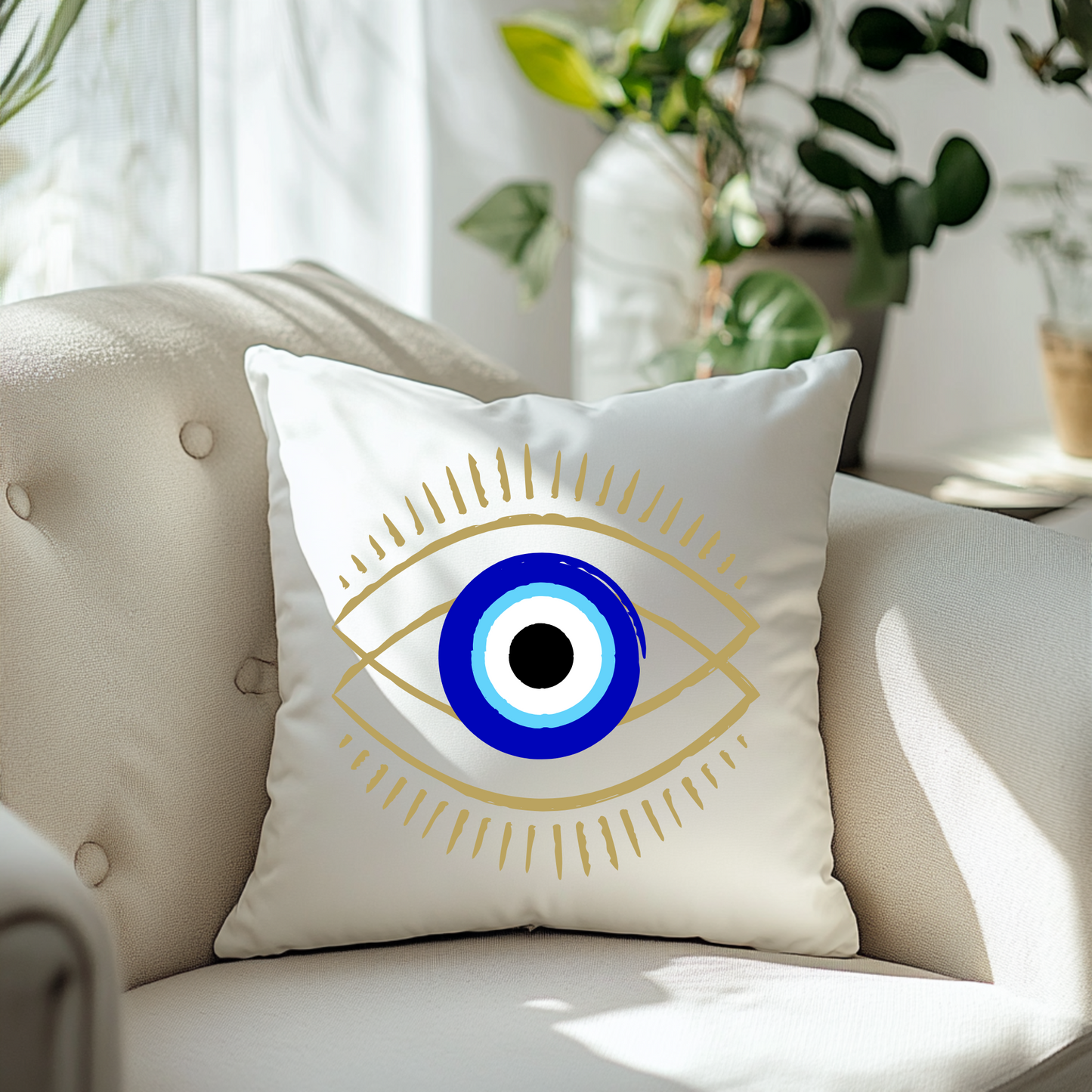 Decorative pillow with an evil eye design on a beige sofa
