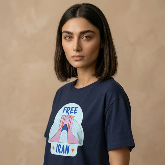 Woman wearing a navy t-shirt with Free Iran and Azadi sq graphic on the chest. 