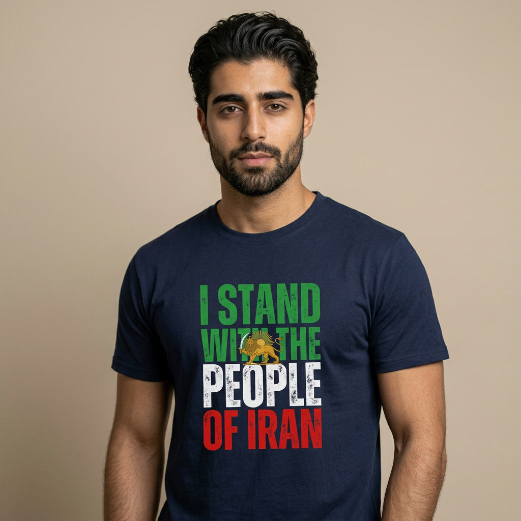 Man wearing a navy blue t-shirt with a message about standing with the people of Iran. I stand with the people of Iran t-shirt.
