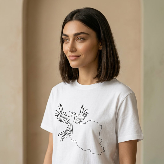 Woman wearing a white shirt with a design of Iran's map and simorgh on the chest.