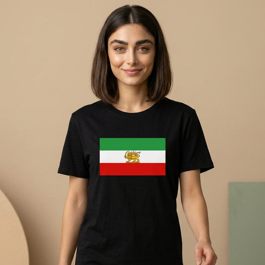 woman wearing a black t-shirt with lion and sun Iran's flag on the chest.