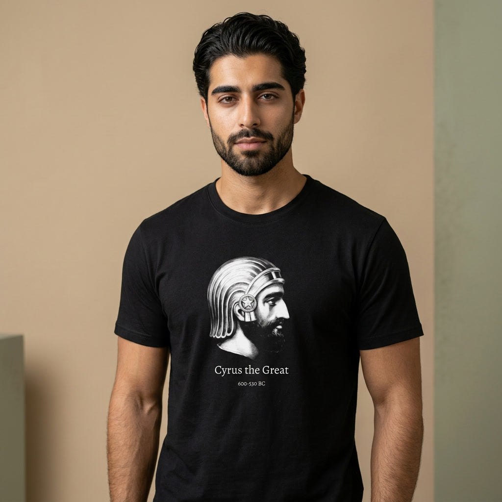 Man wearing a black t-shirt with Cyrus the Great design against a beige background