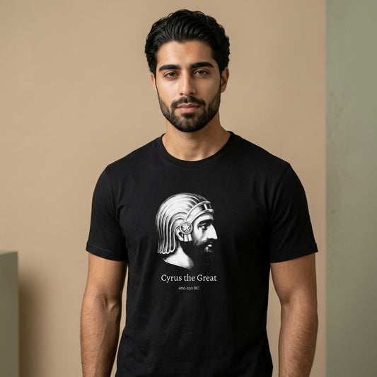 Man wearing a black t-shirt with Cyrus the Great design against a beige background
