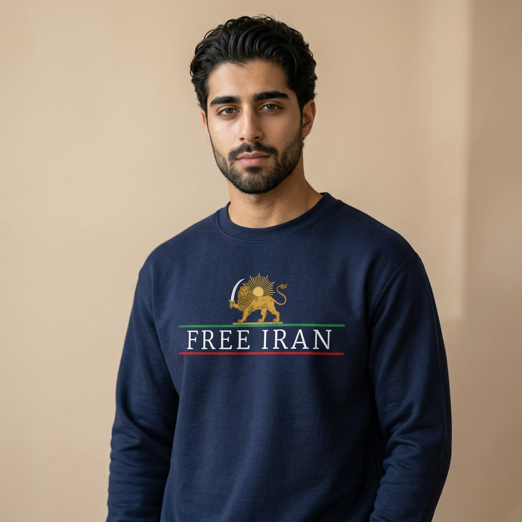 Man wearing a navy sweatshirt with free iran and lion and sun symbol on its chest on a beige background. 
