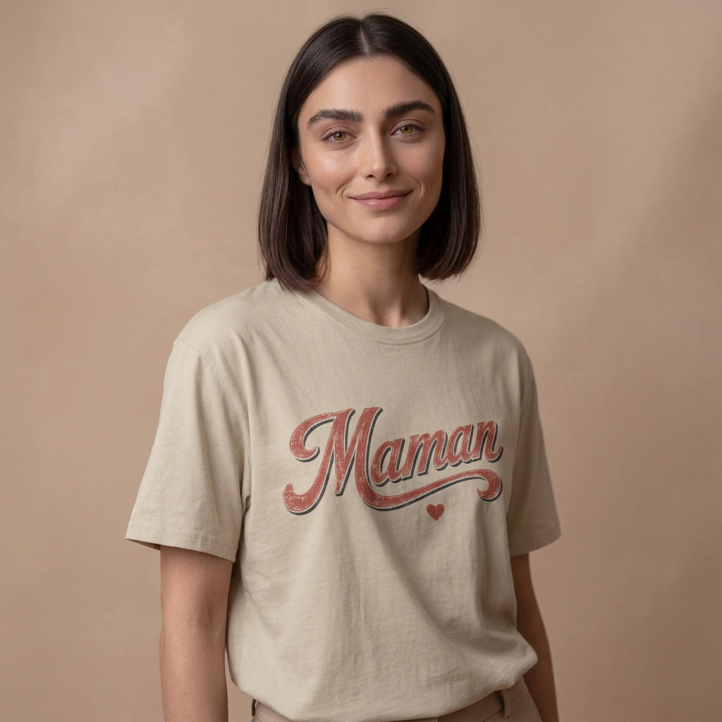 A woman with dark shoulder-length hair wearing a beige crewneck t-shirt with 'Maman' written in a distressed red cursive font with a small red heart underneath, set against a solid warm beige background.